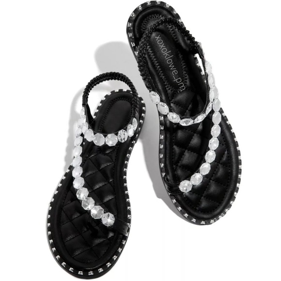 Black Diamond Sparkly Rhinestone Embellished Ankle Strap Sandals - Picture 3 of 13